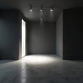 Empty dark room interior with spotlight illumination. Concrete floor with tile pattern reflects light. Narrow bright doorway Royalty Free Stock Photo