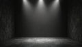 Empty dark room lit by bright ceiling spotlights. Concrete floor and textured walls create a minimalistic stage setting. Perfect Royalty Free Stock Photo