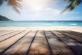 Empty dark rustic wood table in a tropical sunny beach with palms and blurred background, ai generative illustration