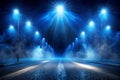 Empty Dark Scene with Blue Light Rays and Smoke on Asphalt Street Royalty Free Stock Photo