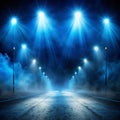 Empty Dark Scene with Blue Light Rays and Smoke on Asphalt Street Royalty Free Stock Photo