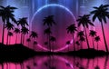 Empty dark tropical background of night sea beach, neon light, city lights. Silhouettes of tropical palm trees