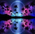 Empty dark tropical background of night sea beach, neon light, city lights. Silhouettes of tropical palm trees