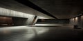 Empty dark underground parking background, minimalist interior of concrete hall with low light. Modern basement room with gray