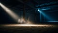 Empty dark warehouse with dust particles illuminated by beams of light Royalty Free Stock Photo