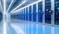Empty data center corridor with illuminated server racks representing cybersecurity, cloud storage reliability and Royalty Free Stock Photo