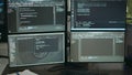 Empty data room with computer screens on desk Royalty Free Stock Photo