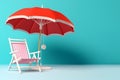 Empty deck chair with umbrella on pastel background. Sunbed, studio shot. Beach tourism, travel, relax, vacai, holiday background