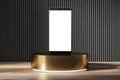 Empty decorative linear wall with blank cellphone on golden pedestal, wooden surface with shadows and mock up place. Presentation