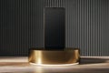 Empty decorative linear wall with blank smartphone on golden pedestal, wooden surface with shadows and mock up place. Presentation