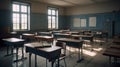 Empty defocused university classroom. Generative AI