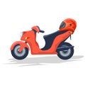 Empty delivery courier motorcycle or scooter and helmet on it. Flat and solid color cartoon style vector illustration. Royalty Free Stock Photo