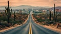Empty desert road leading to urban sprawl, cactuses dot landscape