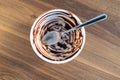 An empty dessert profiterole plate and a spoon in it on a brown wooden table after eaten