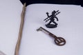 Empty diary with lucky charm and old key Royalty Free Stock Photo
