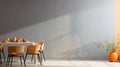 an empty dining room with orange chairs and a table