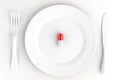 An empty dinner plate with a pill. Dietary concept. 3D illustration