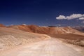 Empty dirt road to colorful Copiapo mountains in Atacama desert, Chile