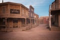 Empty dirt street in an old western town with various wooden buildings. 3D illustration Royalty Free Stock Photo