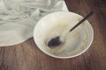 Empty and dirty bowl after meal time. Top view and close up Royalty Free Stock Photo