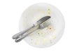 Empty dirty food plate with knife and fork isolated