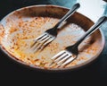 An empty dirty plate with forks after dinner Royalty Free Stock Photo