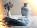 Empty dish plate ready for serving with jug and little flowers Royalty Free Stock Photo