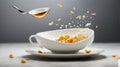 Empty dishes cup, plate and spoon are flying on a white. Royalty Free Stock Photo