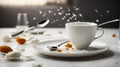 Empty dishes cup, plate and spoon are flying on a white. Royalty Free Stock Photo