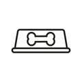 Empty dog food bowl icon with bone print. Black and white line vector illustration.