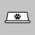 Empty dog food bowl icon with paw print. Black and white line vector illustration. Royalty Free Stock Photo