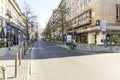 Empty Downtown Frankfurt Street with Lone Bicycle Rider