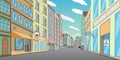 Empty downtown street with closed shops, vector illustration