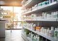 Empty drugstore pharmacy or clinic with medicine on shelves.Macro.AI Generative