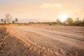 Empty dry cracked swamp reclamation soil  land plot for housing construction project with car tire print in rural area Royalty Free Stock Photo