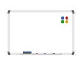 Empty dry erase whiteboard with magnets, markers, and eraser