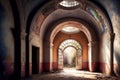 empty dusty hall in abandoned house with arched entrance with stained glass Royalty Free Stock Photo