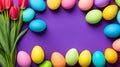 Empty Easter banner with painted Easter eggs and red tulips, purple backdrop. Place for text