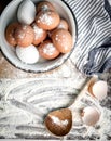 Empty eggshells on table sprinkled with flour, topview