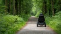 Empty Electric Wheelchair Parked On A Secluded Paved Path Through A Lush, Green Forest in Summer Royalty Free Stock Photo