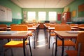 Empty elementary classroom in a blur, devoid of kids, teachers, with chairs