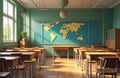 Empty elementary classroom interior scene. Desks and chairs are neatly arranged with a large world map and globes on the wall. Royalty Free Stock Photo