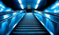 Empty escalator ascending in blue-lit subway station Royalty Free Stock Photo