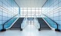 Empty escalators in modern blue hallway with large window, ideal for travel or architecture themes Royalty Free Stock Photo