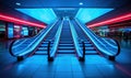 Empty escalators in modern building with neon lights at night Royalty Free Stock Photo