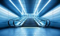 Empty escalators and stairs in modern blue lit subway station Royalty Free Stock Photo