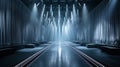 Empty fashion show runway with spotlights shining down and seating in the foreground Royalty Free Stock Photo