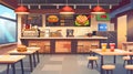 An empty fast food canteen with burgers, pizza, donuts, and drinks on a tray in a cafe at night. Modern cartoon Royalty Free Stock Photo