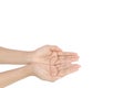 Empty female hand on white background