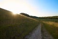 An empty field road goes into the distance among the hills bathed in the evening sun. Royalty Free Stock Photo